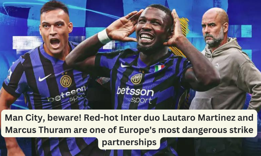 Inter Milan's dynamic duo, Lautaro Martinez and Marcus Thuram, celebrate a goal during a Champions League match.